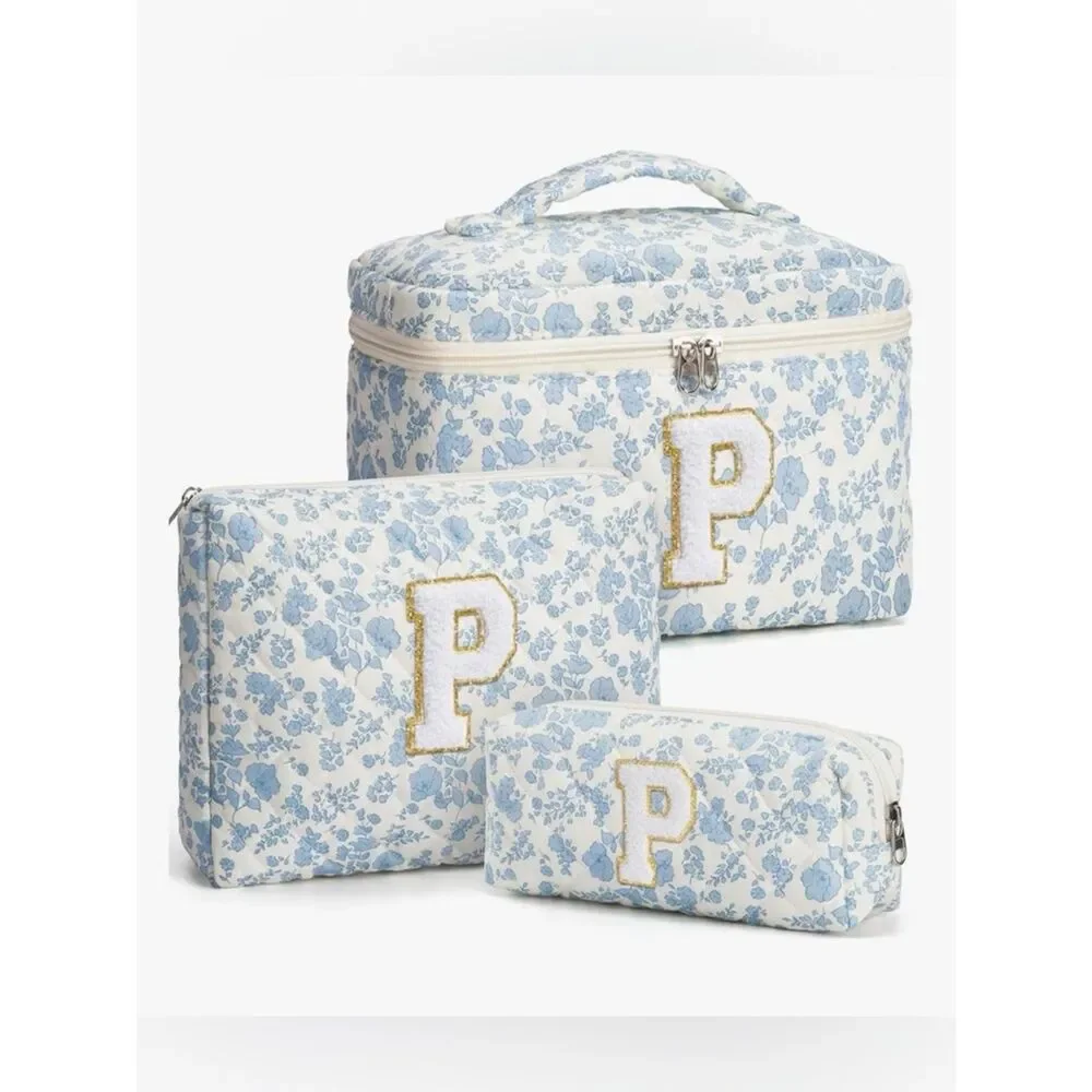 NEW Monogram P Initial Blue Floral Cosmetic Bag Set